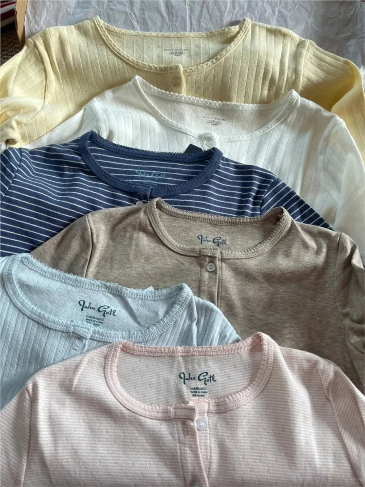 Spring Eyelet Long Sleeve T-shirt Women Simple Slim O-neck Single Breasted Cotton Tee Shirts Cute Sweet Preppy Style Tops