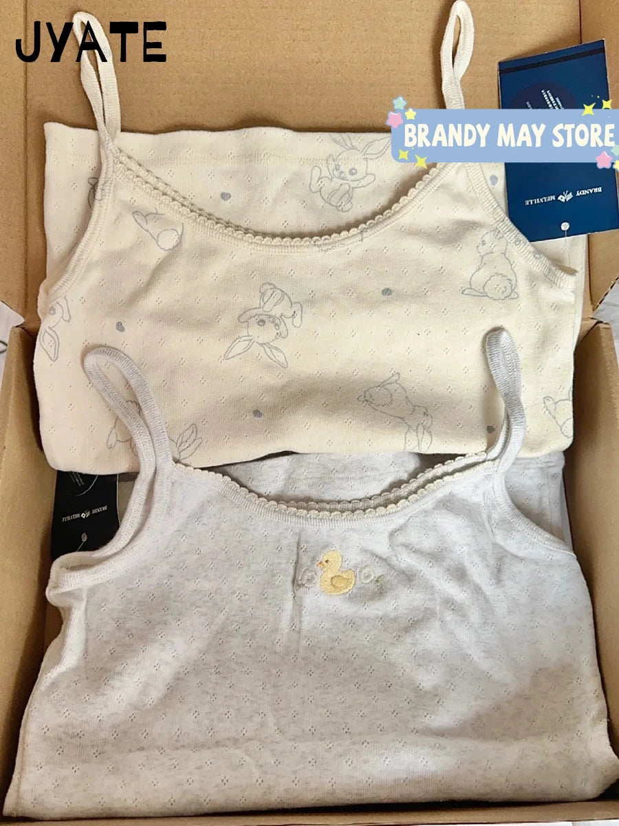Cute Rabbit Print Eyelet Camisole Women New Cotton Casual Lace Trim Preppy Style Sleeveless Vests Sweet Cozy Pajamas Tank Tops
