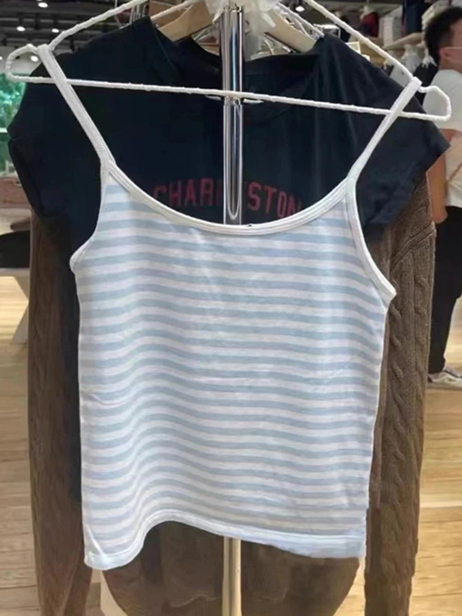 American Blue Striped Hollow Out Tank Tops Women Summer New Cotton Bow Lace Trim Sleeveless Vests Sweet Cute Vintage Camis Y2K