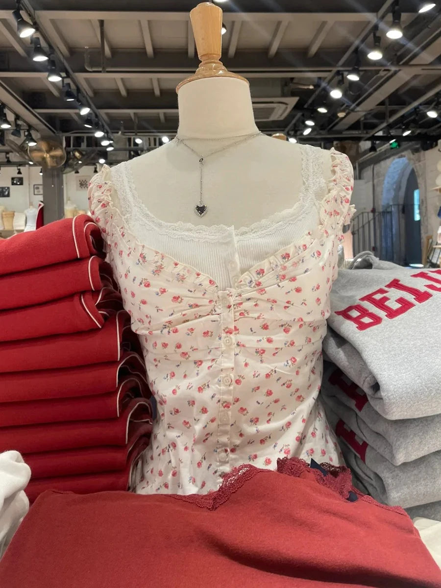Cute Red Plaid Folds Blouse Tees Women Casual Single Breasted Ruffle Sleeveless Tank Tops Sweet Vintage Preppy Style Camisole