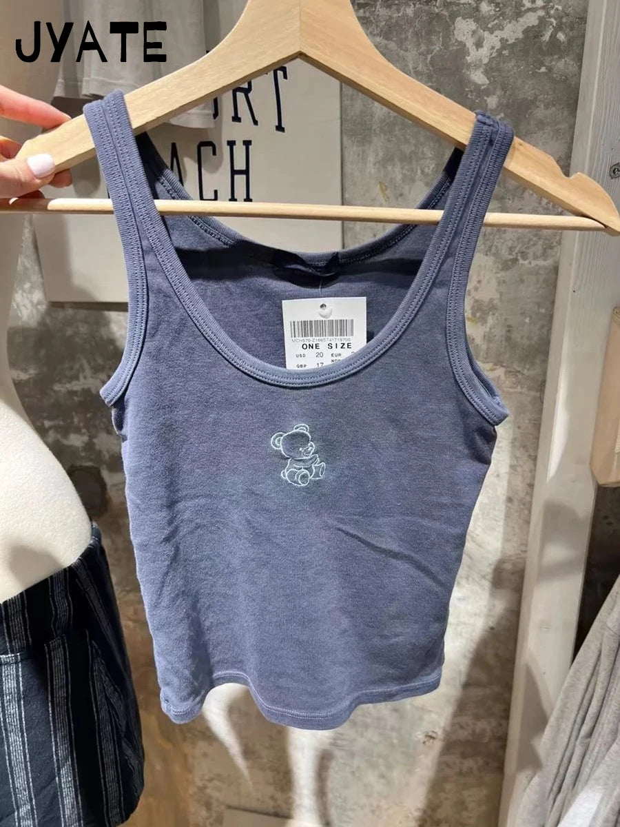 Litter Bear Embroidery Cute Cropped Vests Women New Navy Blue Cotton U-neck Slim Camisole Vintage Harajuku Chic Tank Tops Y2K