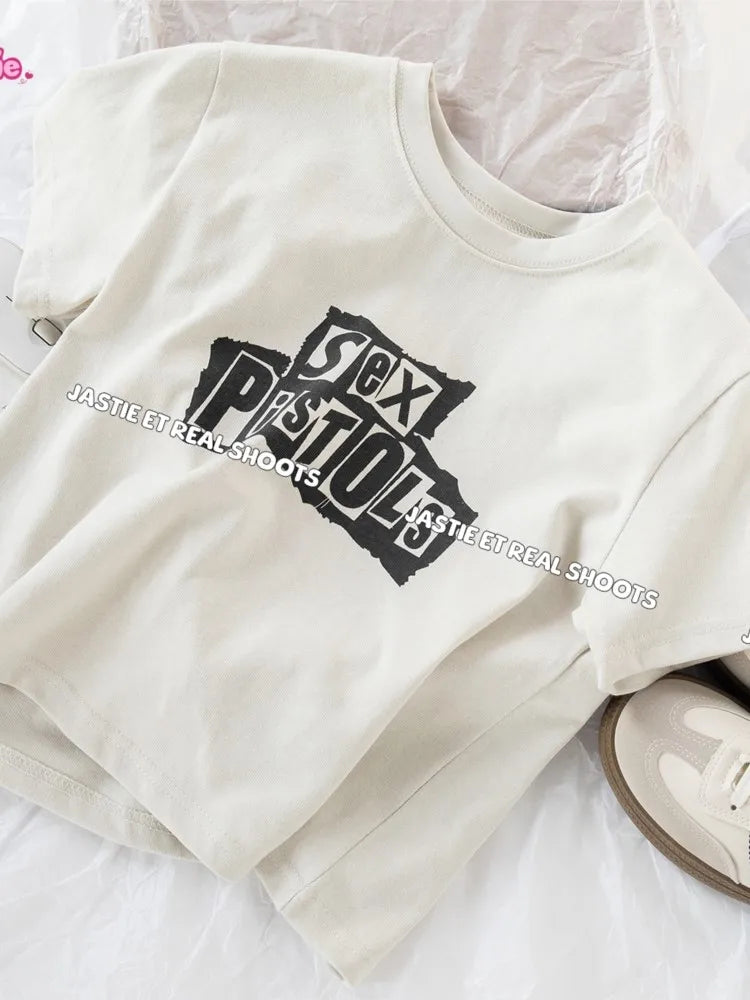 Vintage Letter Graphic Crop Top Women Summer Casual Round Neck Short Sleeve Short T-shirt Female Retro Classic Cotton Tops Chic
