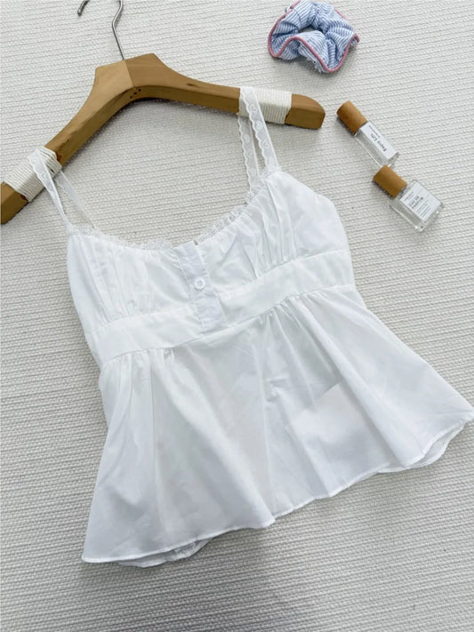 Sweet White Lace Trim Buttons Tank Tops Women Summer New Cotton Backless Sexy Slim Cropped Vests Preppy Style Chic Camisole Y2K