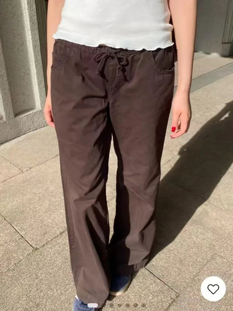 Fashion Navy Drawstring Loose Pants Women Autumn Sexy Low Waist Pockets Straight Long Pant Baggy Streetwear Vintage Trousers Y2K