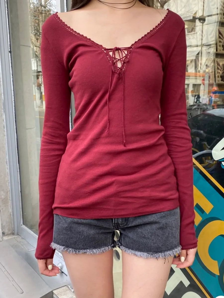 Purple Lace Trim V-neck T-shirts Women Spring Streetwear Chic Cotton Lace-up Long Sleeve Tees Sweet Cute Preppy Style Tshirt Y2K