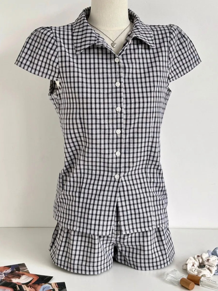 Plaid Buttons Blouse T-shirt Short Sets Women Slim Short Sleeve Tees+Straight Sweatshorts Sweet Home Pajama 2 Piece Outfits Y2K