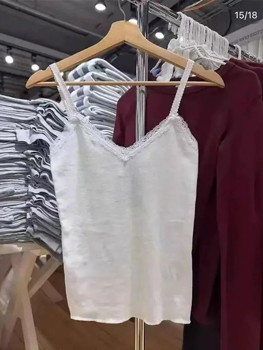 White Lace Trim Sleeveless Tank Tops Women Casual Soft Cotton V-neck Slim  Cropped Vests Vintage Sweet Cute Preppy Style  Camis