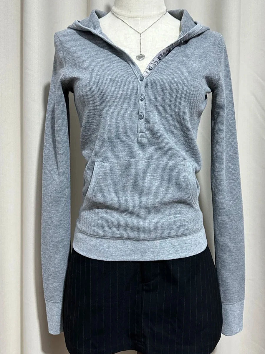 Waffle Hooded T-shirt Women Spring Streetwear Buttons Cotton Long Sleeve Slim Tee Shirts Vintage Preppy Style Tops Y2k