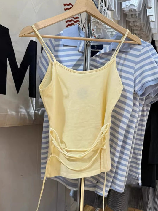 Yellow Back Lace-up Slim Tank Top Women Summer Casual Basic Cotton Sleeveless Vest Clean Girl Sweet Cute Camis Simple OOTD New