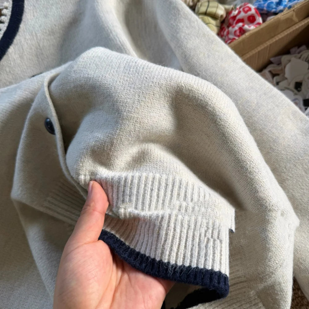 Retro Pattern Loose Knitted Cardigan Women Spring New Casual Versatile Korean Style Long Sleeve Top Sweet Chic Simple Sweater