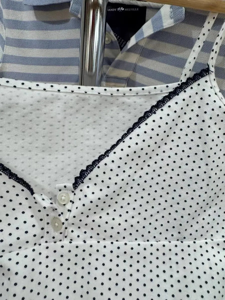 OOTDS Polka Dot White Slim Crop Top Women Navy Lace Trim Two Buttons Cotton Cropped Camisole Sweet Cute Preppy Style Tank Tops