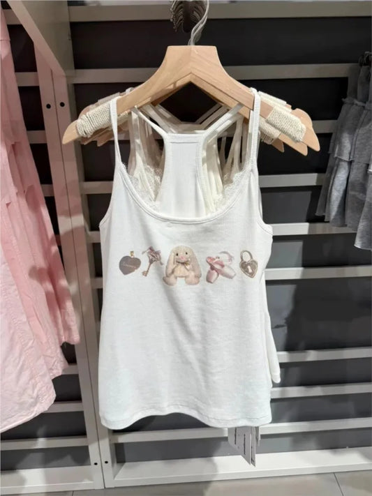 Cute Graphic Print Ribbed Slim Camisole Woman Summer Lace Trim U Collar Cotton Tank Tops Female Sweet Fairycore Crop Top OOTDS