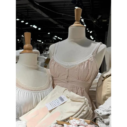 Sweet Pink Stripe Lace-up Tank Top Women Lace Trim Buttons V-neck Cotton Camis Summer Vintage Streetwear Sleeveless Crop Top Y2K