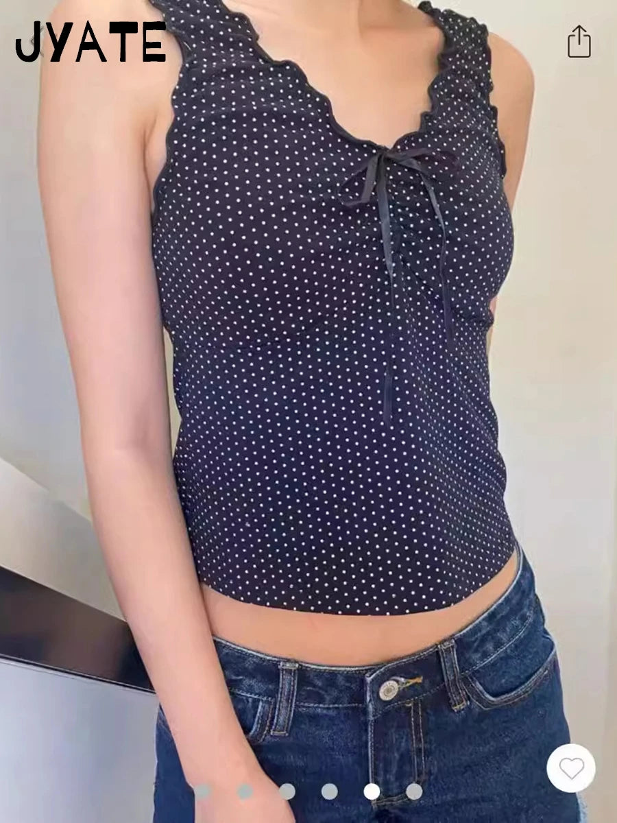 Polka Dots Print Fungus V-neck Tank Tops Women New Streetwear Casual Slim Lace-up Cropped Vest Vintage Preppy Style Camisole Y2K