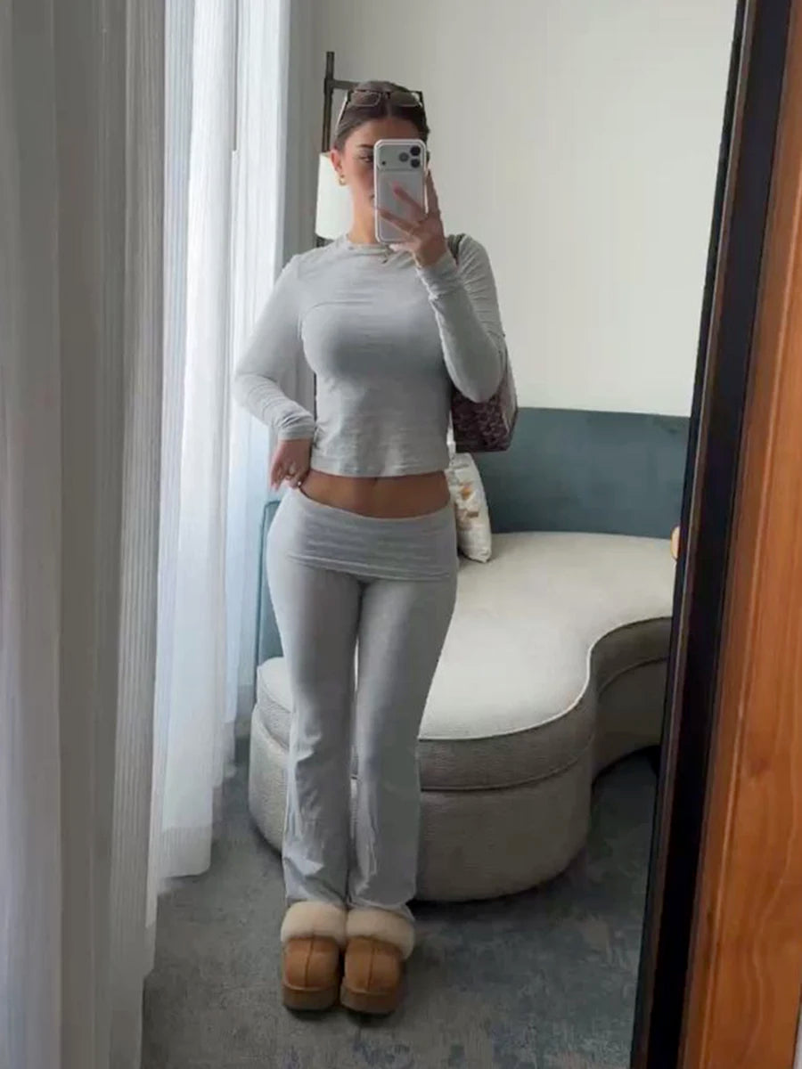 Solid Skinny Cotton T-shirt Pant Set Woman O-neck Long Sleeve Tee+Foldover Flare Yoga Pant Sport 2 Piece Sets Can mix and match