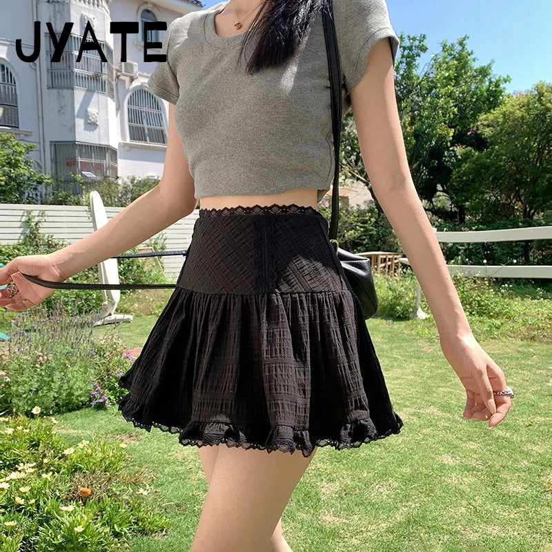 Sweet White Lace Trim Mini Skirts Women Summer Cotton High Waist Folds Texture Short Faldas Cute Preppy Style Y2K A-line Skirt