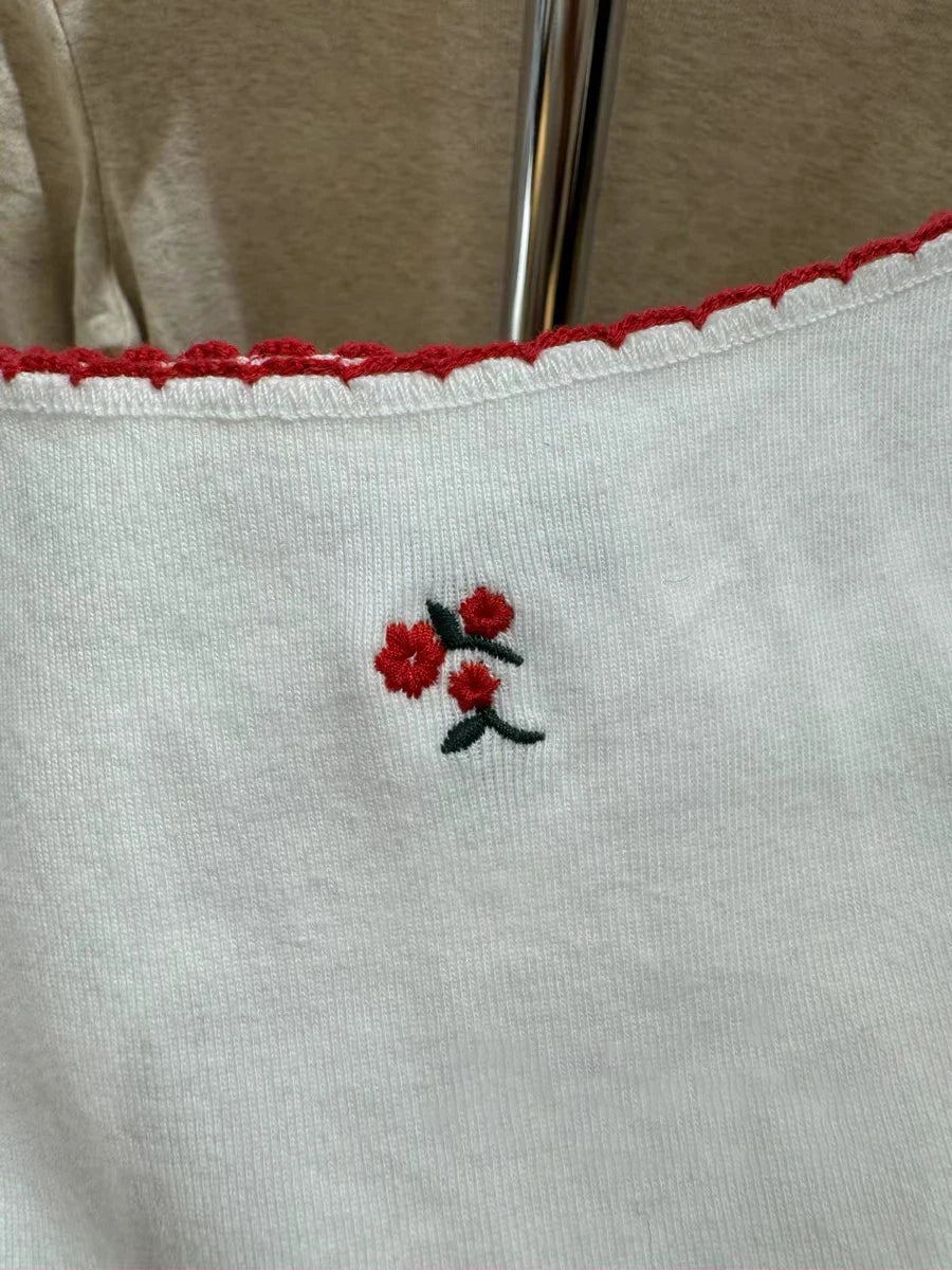 Lace Trim Red Floral Embroidery Crop Top Women White Cotton Slim Sleeveless Camisole Sweet Girls Cute Tank Tops Y2K Clothes New