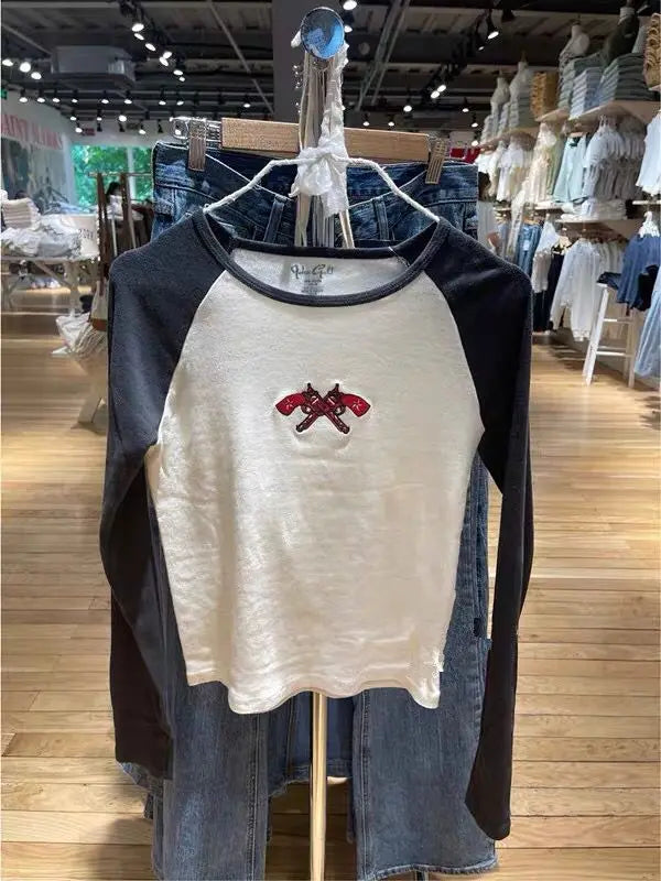 American Rock Graphic Long Sleeve T-shirts Women Autumn New Vintage Print Cotton Ribbed T Shirt Female Retro Chic Slim Y2k Tops