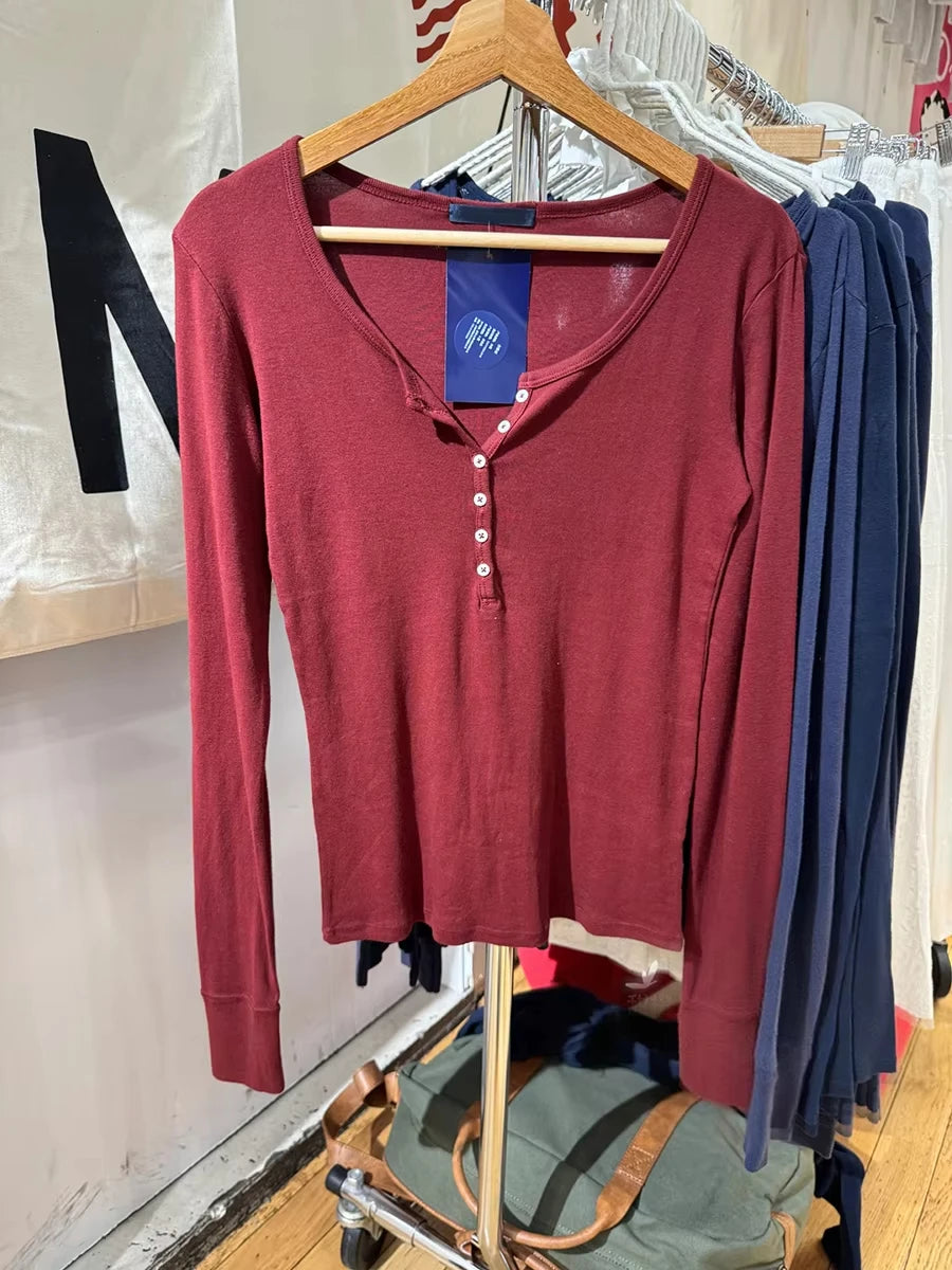 Burgundy Six Buttons T-shirt Woman Autumn Casual O-neck Cotton Slim Long Sleeve Tshirt Streetwear Vintage Simple Basic Tee Tops