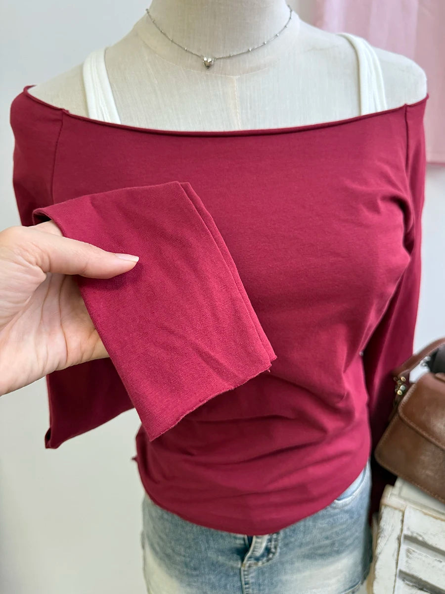Red Slim Long Sleeve Tee Women Spring Simple Basic Slash Neck Casual Raw Hem Cotton Tops Female Vintage Chic Red Y2K T-shirts