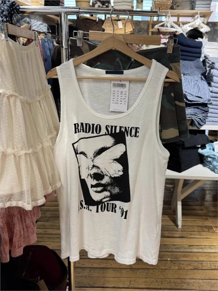 Letter Print Loose Long Tank Tops Women Summer Slub Cotton U Collar Sleeveless Vest American Vintage Preppy Style Camisole Y2K