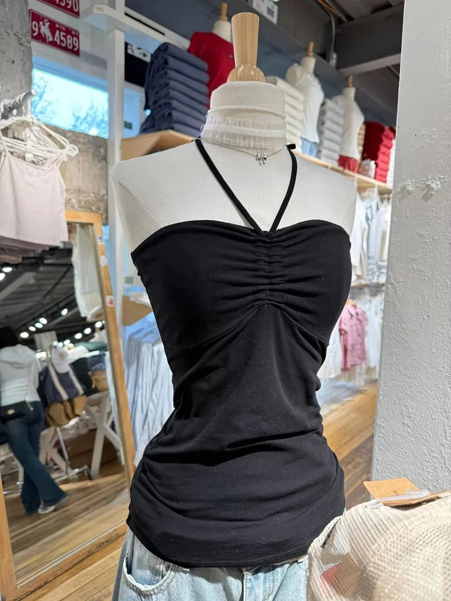 Sweet Solid Cotton Drawstring Strapless Tank Tops Women Streetwear Side Split Slim Cropped Vest Summer Vintage Chic Camis Y2K