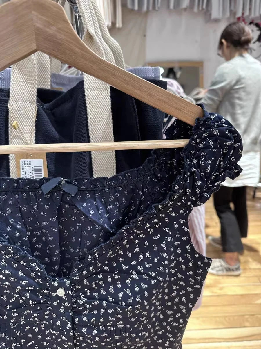 Navy Floral Folds Ruffle Sleeveless Tank Tops Women Summer New Single Breasted Blouse Top Vest Vintage Sweet Preppy Style Camis