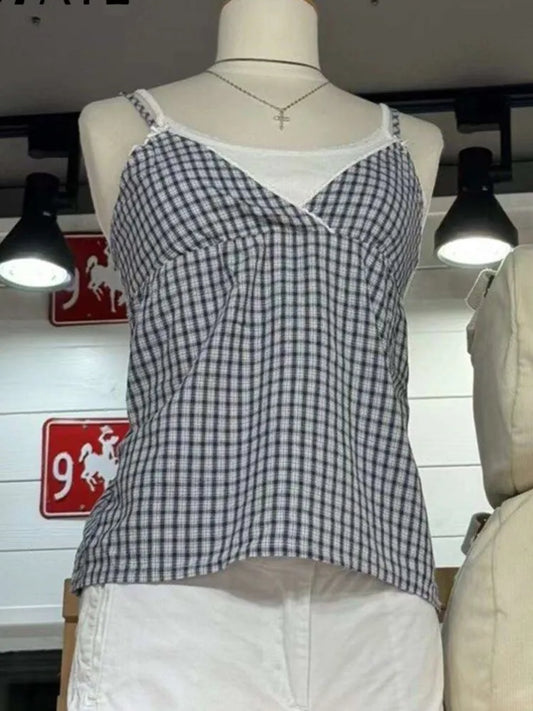 Lace Trim V-neck Plaid Bow Tank Tops Women Summer New Casual Streetwear Simple Back Lace-up Vest Vintage Sweet Chic Camisole Y2K