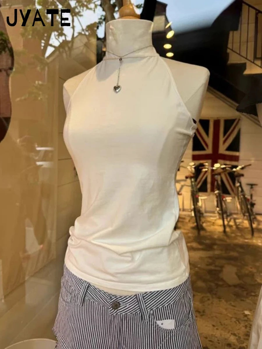 Sweet White Halter Turtleneck Button Tank Tops Women Summer New Cotton Soft Backless Sexy Camisole Vintage Basic Chic Vests Y2K