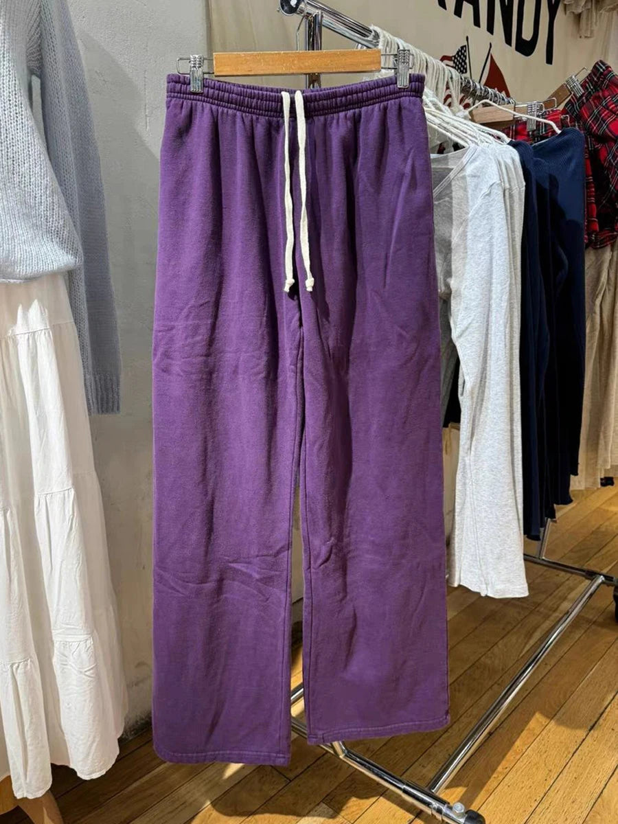 Vintage New Purple Drawstring Straight Sweatpants Women Autumn High Waist Cotton Trouser Casual Streetwear Sport Loose Long Pant