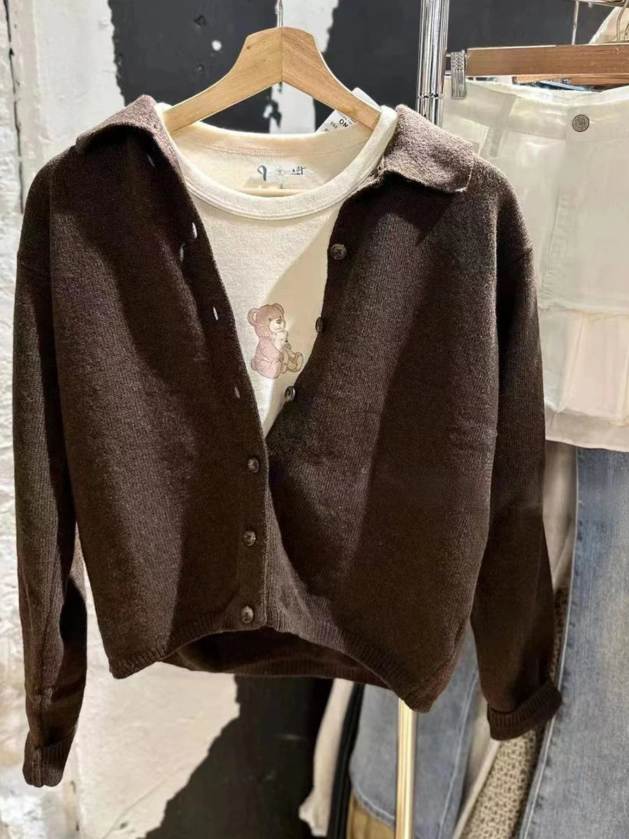 Preppy Style Gray Cotton Soft Sweaters Coat Women Chic Turn Down Collar Buttons Knitted Cardigan Sweet Simple Cute Sweater Tops