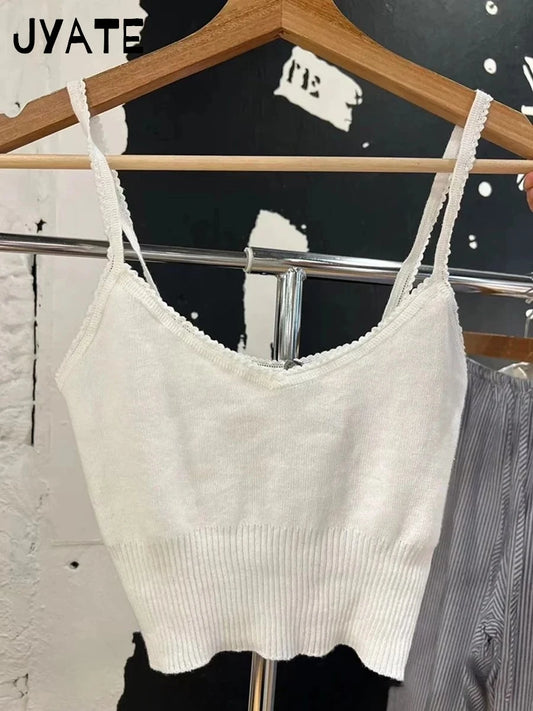 Simple Basic White Slim V-neck Crop Tops Women New Cotton Knitted Casual Sleeveless Tank Tops Sweet Cute Vintage Camisole Y2K