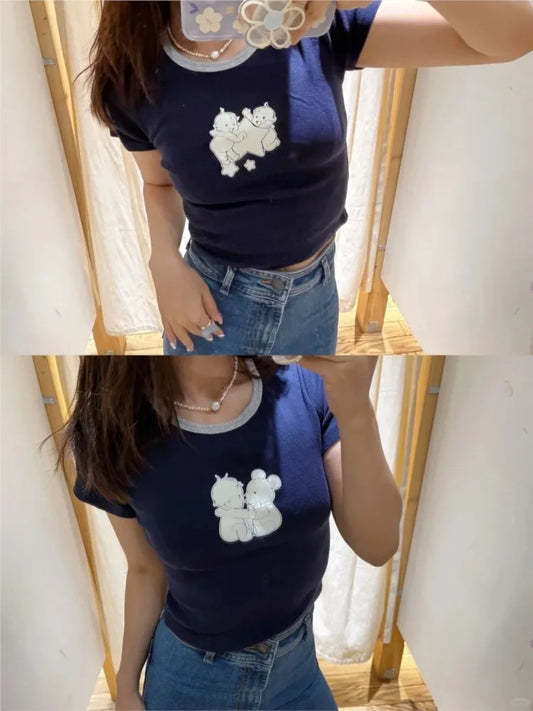 Angel Print Cute Crop Tops Women Casual Streetwear Summer Cotton Slim Sweet Short Sleeve Tees Chic Simple Vintage Y2K T-shirts