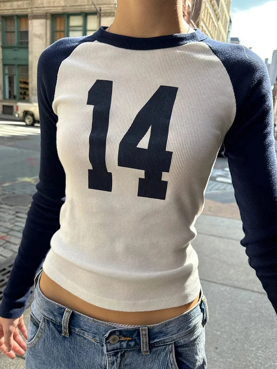 Vintage Patchwork 14 Print Slim Long Sleeve Tee Women Casual O-neck Ribbed Cotton Street Simple Tops Sweet Harajuku T-shirts Y2K
