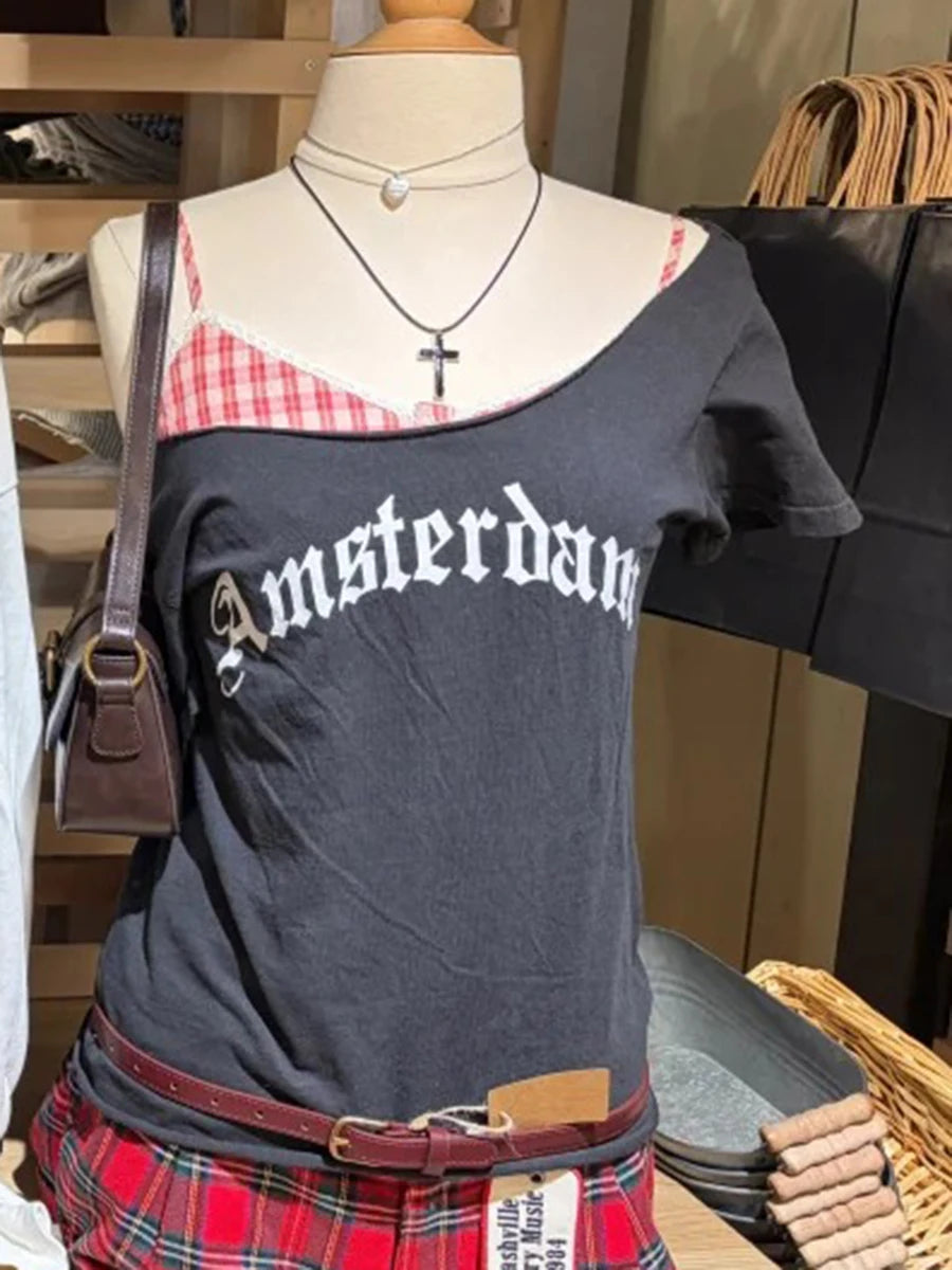 Retro Raw Hem Slash Neck Crop Top Women Simple Letter Print Slim Cotton Short Sleeve Tee Vintage Sweet Preppy Style Tshirt Y2K
