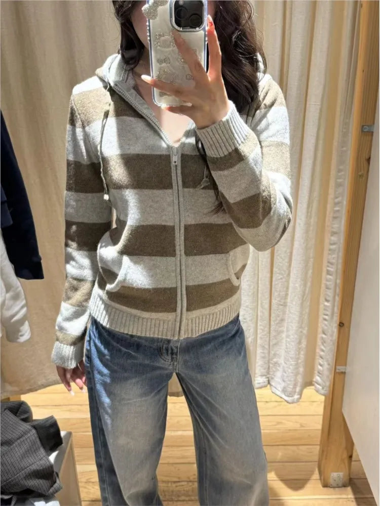 Vintage Gray Striped Cotton Sweater Cardigan Women Autumn Long Sleeve Zipper Knitted Hoodie Preppy Style Chic Sweaters Hooded