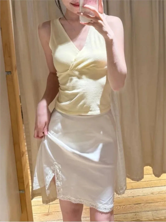 New Stain Lace White Trim Mini Skirts Woman Summer Preppy Style A-line Split Short Faldas Female Casual Sweet Elegant Chic Skirt