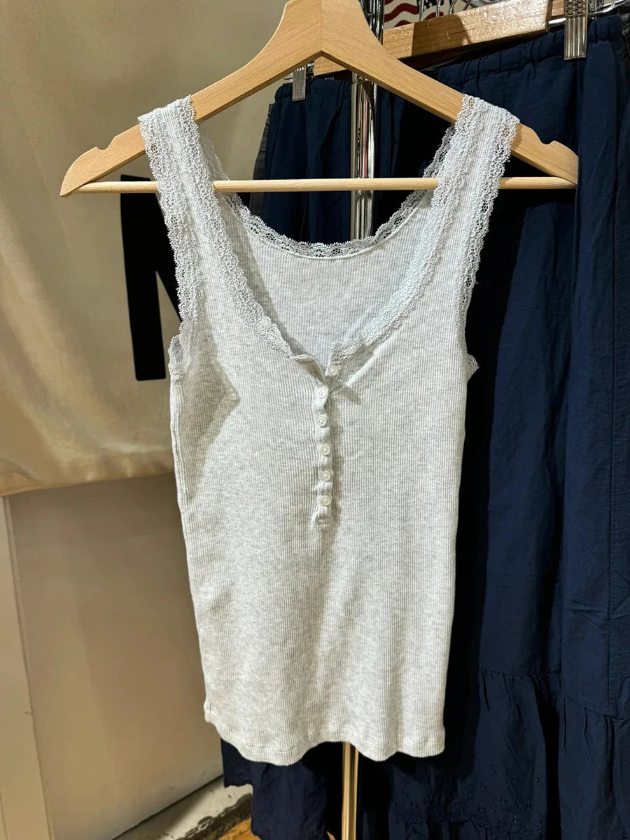 Lace Trim Slim Ribbed Tank Top Women Spring Buttons Cotton Solid U Collar Sleeveless Camis Sweet Simple Basic Chic Vest Tops Y2K