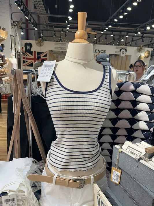 Navy Striped Waffle Slim Tank Top Women Summer Streetwear U Collar Sleeveless Camisole Vintage American Sweet Vest Y2k Tops