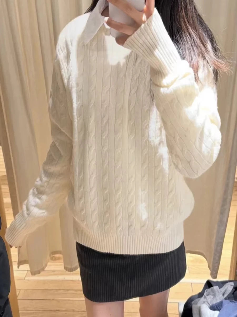 Beige Twisit O-neck Knitted Sweater Women Autumn New Casual Loose Long Sleeve Pullover Tops Simple Preppy Style Jumper Sweaters