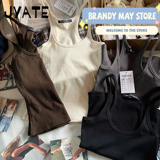 Solid Basic Ribbed Sleeveless Vests Women Summer New Cotton Soft Casual Slim Simple Tank Tops Vintage Chic Harajuku Camisole Y2K