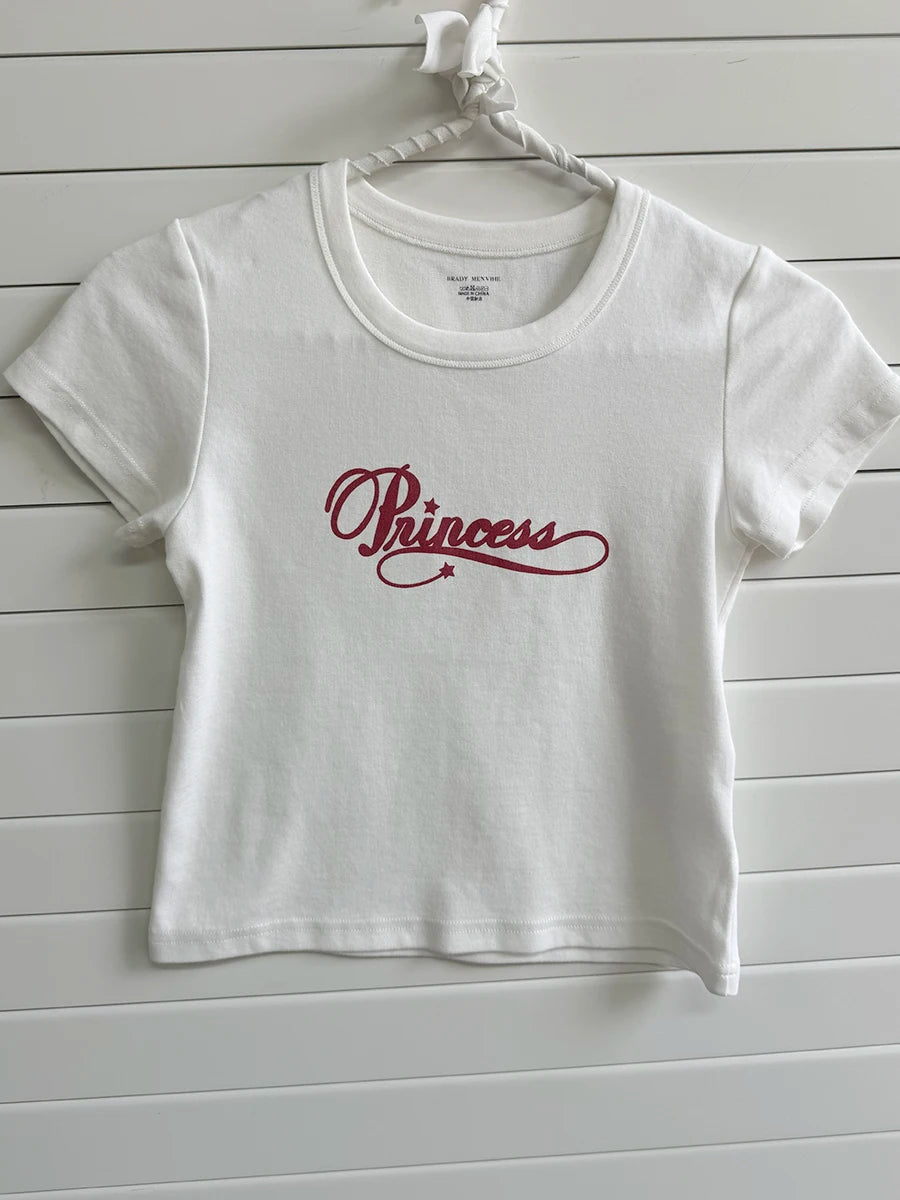 Glitter Letter Print T-shirts Women Summer Casual Preppy Style Cotton O-neck Short Sleeve Cropped Tees Sweet Cute Simple Tshirts