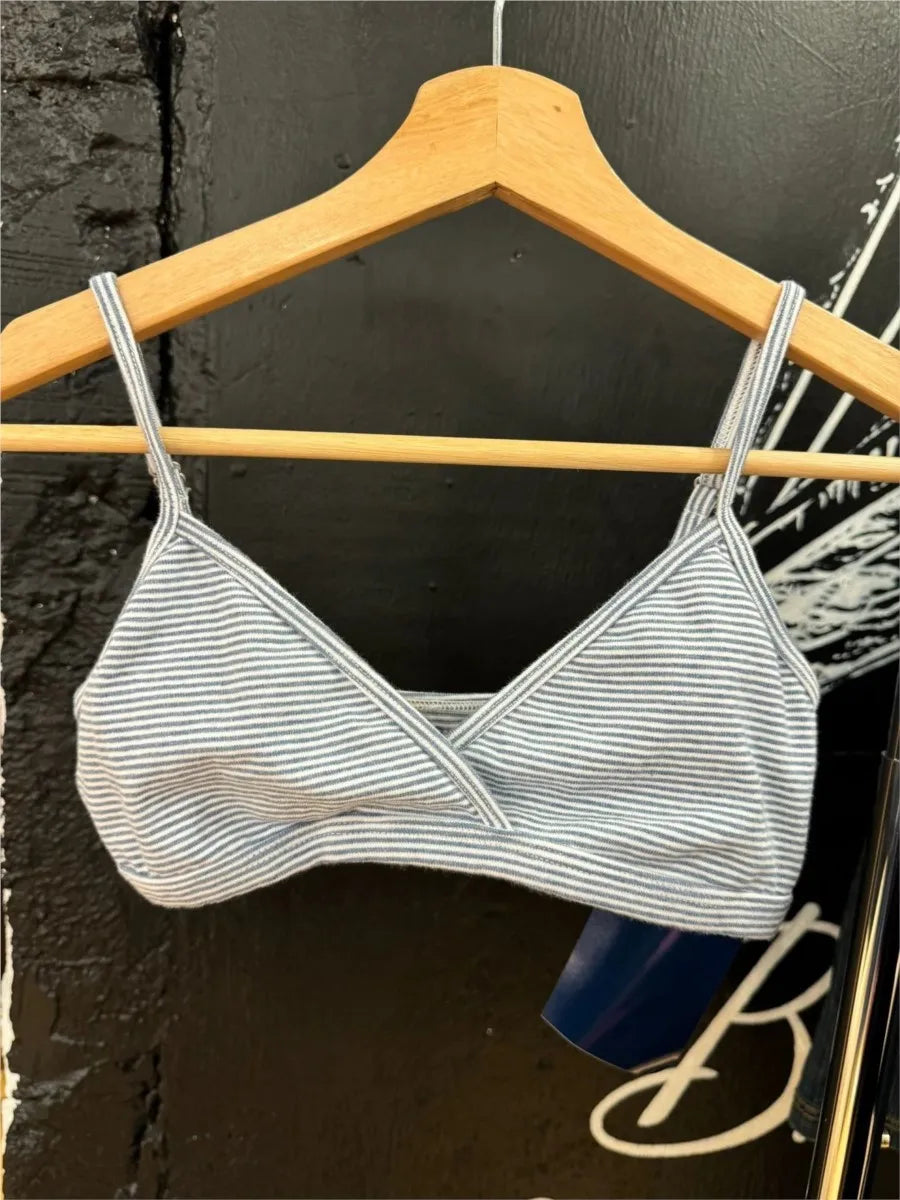 Cute Blue Striped Bra Shorts Set Women V-neck Slim Bras with Straight Sweatshorts Sweet Cute Cotton Home Pajama 2 Piece Sets Y2K