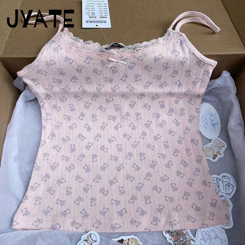 Cute Little Duck Bow Tank Tops Women Summer New Cotton Soft Chic Slim Eyelet Sleeveless Vests Sweet Casual Vintage Camisole Y2K