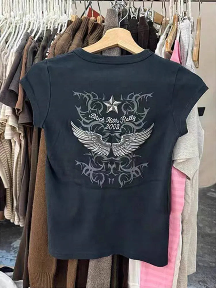 Back Wing Embroidery T-shirts Women Summer Round Neck Short Sleeve Tshirt Top Female Vintage Streetwear Cotton Tee Tops Y2K