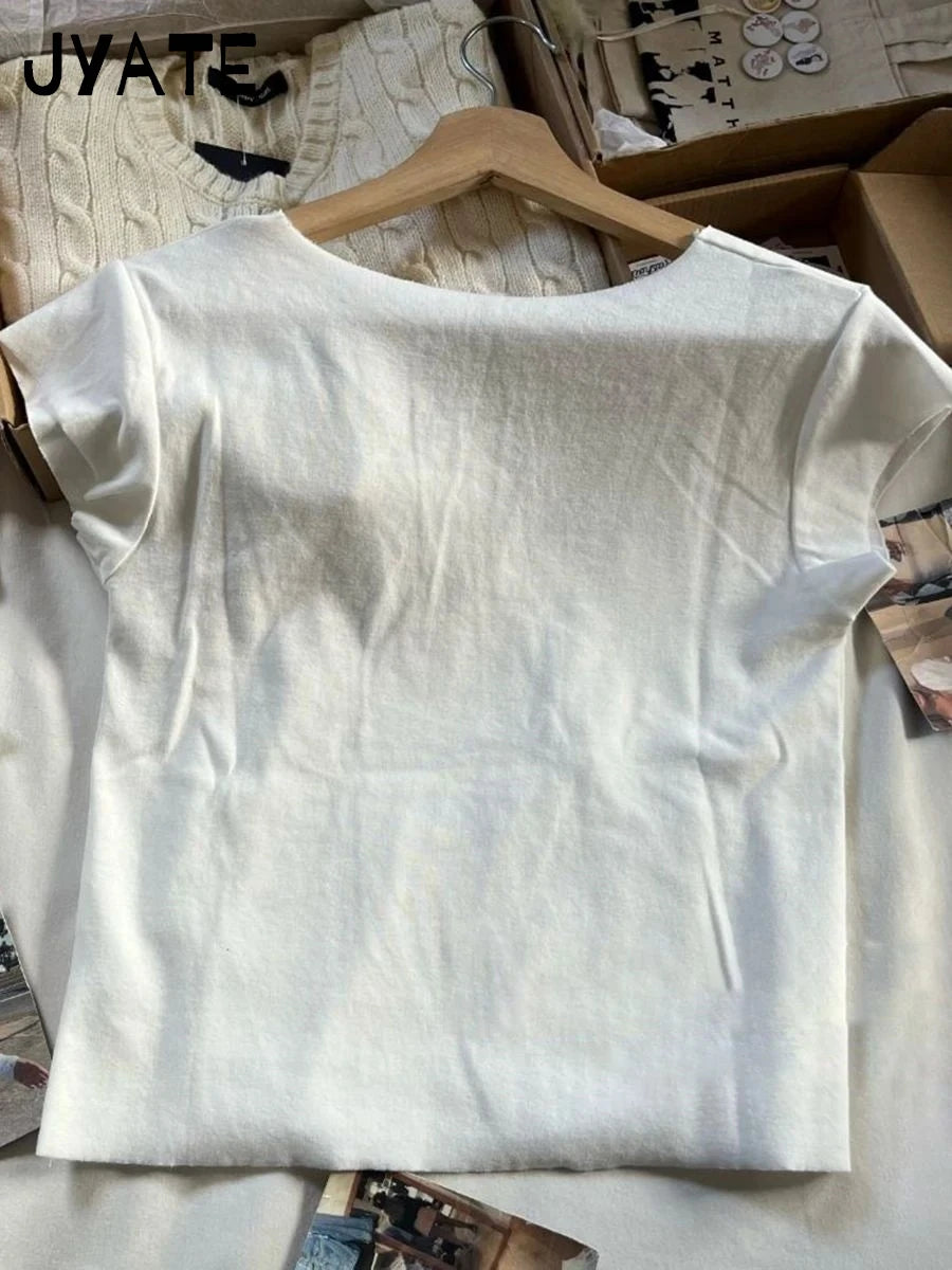Simple Basic White V-neck T-shirts Women Summer Cotton Soft Casual Preppy Style Short Sleeve Tees Sweet Chic Y2K T Shirt Clothes