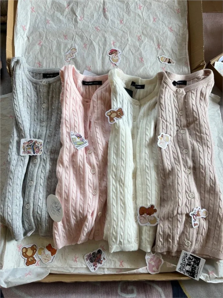 Twist flower Knitted Sweater Cardigan Crew Neck Single Breasted Long Sleeve Slim Coat Vintage Streetwear Simple Crop Top Y2K