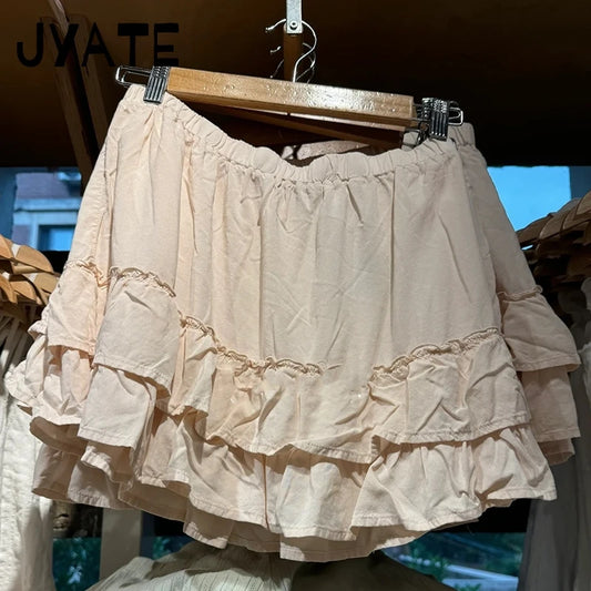 Sweet Pink Ruffles A-line Skirts Women Summer New Cotton Elastic High Waist Short Faldas Preppy Style Cute Casual Mini Skirt Y2K