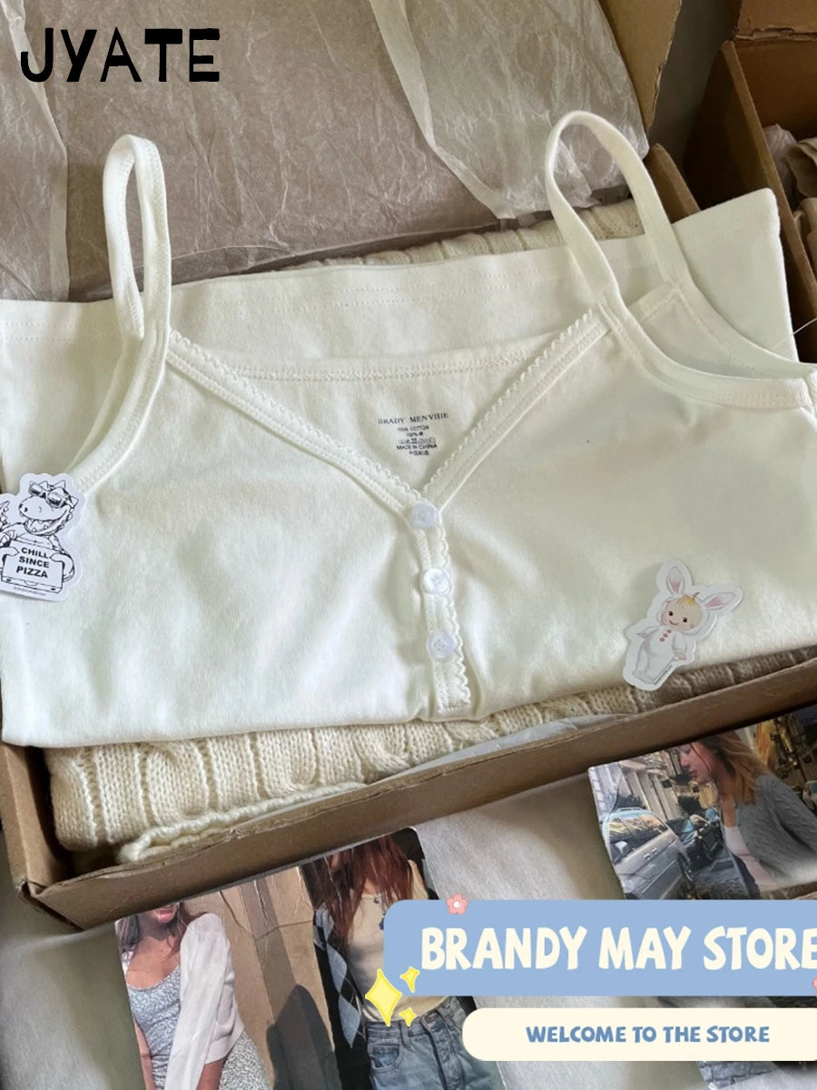 Basic White Lace Trim V-neck Tank Tops Women Summer New Cotton Casual Buttons Sleeveless Vests Vintage Chic Sweet Camisole Y2K