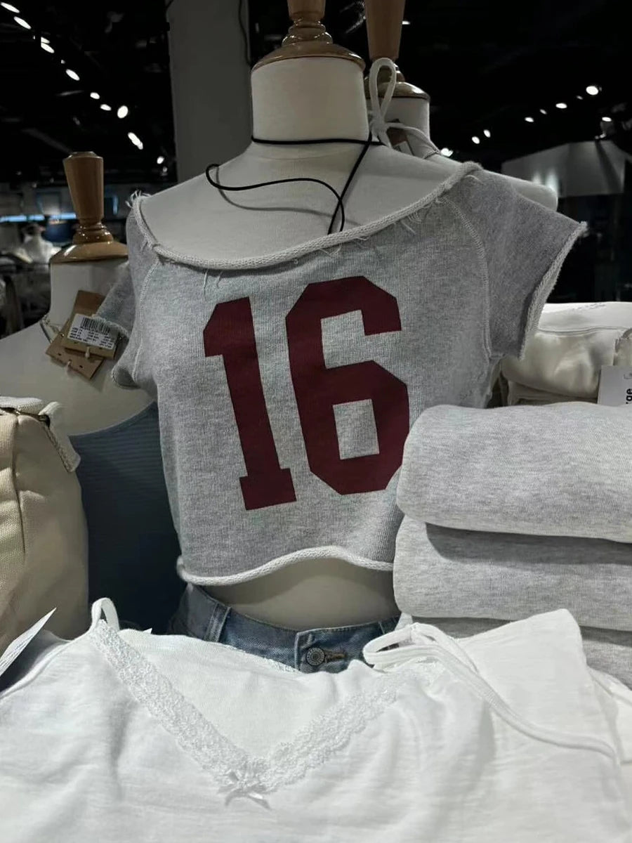 Fashion NO 16 Print Crop Tops Women Summer New Cotton Soft Raw Hem Slash Neck Short Sleeve Tees Sweet Preppy Style T-shirts Y2K